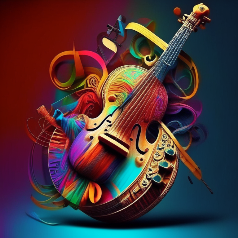 Una silueta de un músico tocando un instrumento de cuerda sobre un fondo de colores vivos con motivos folklóricos, rodeado de símbolos de música electrónica.