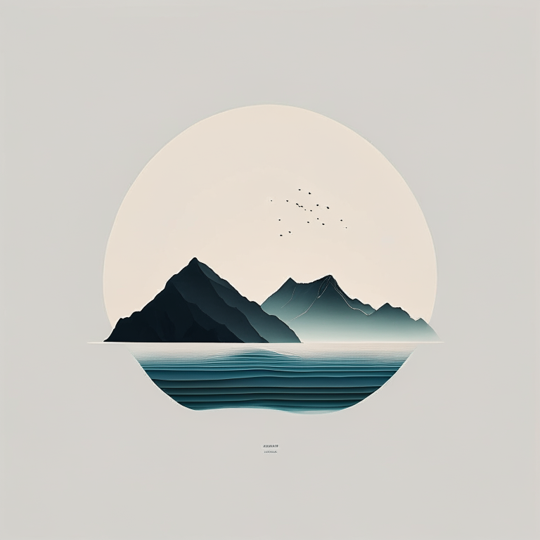 Un símbolo minimalista de música sobre un fondo de montañas y mar, estilo platónico.