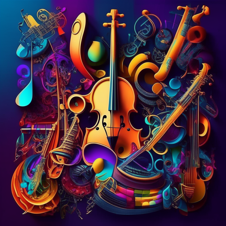 Una imagen intrincada con muchos símbolos de música entrelazados, notas musicales, instrumentos y motivos folklóricos sobre un fondo de colores brillantes.