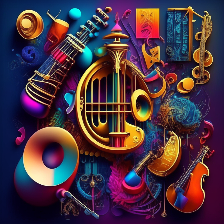 Una imagen intrincada con muchos símbolos de música entrelazados, notas musicales, instrumentos y motivos folklóricos sobre un fondo de colores brillantes.