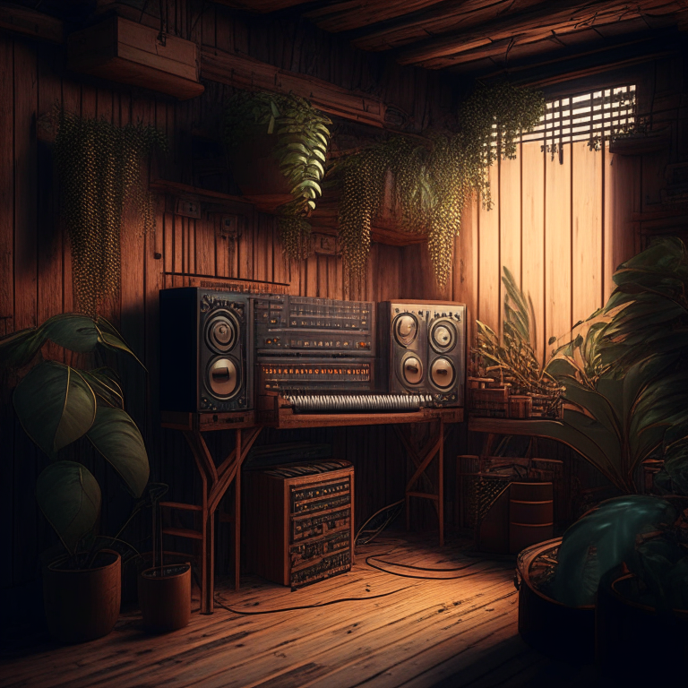 A warmly lit rustic room with wooden walls, full of electronic music equipment including synthesizers, drum machines and mixers, with natural elements like plants