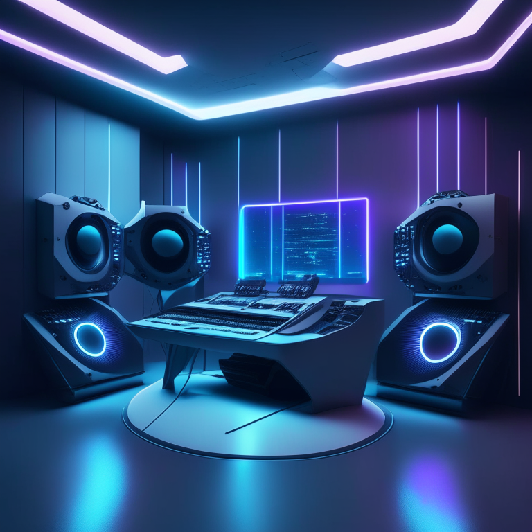 A slick futuristic studio with electronic music equipment including touchscreen synthesizers, holographic drum pads and ambient lighting, with a minimalist style