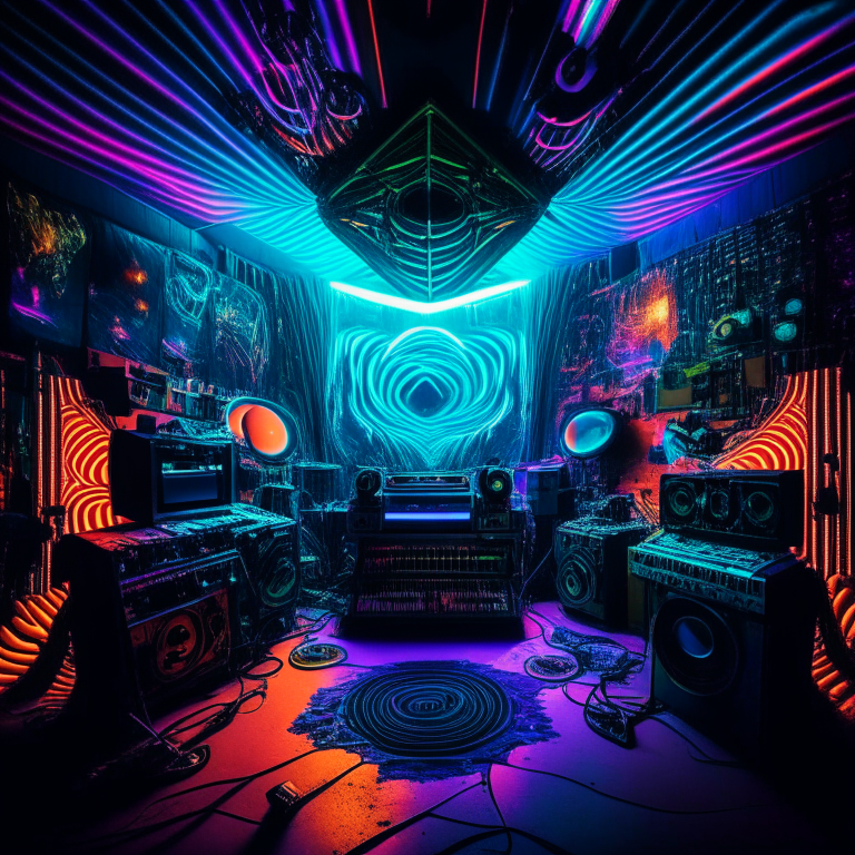A psychedelic music studio filled with electronic equipment, lasers and projections creating an immersive trippy environment