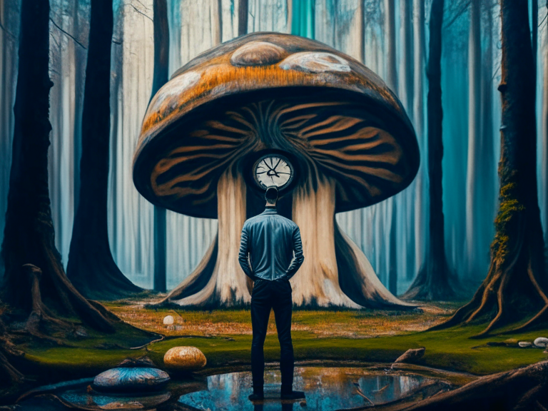 A man standing in front of a painting of a melting clock in a forest of giant mushrooms