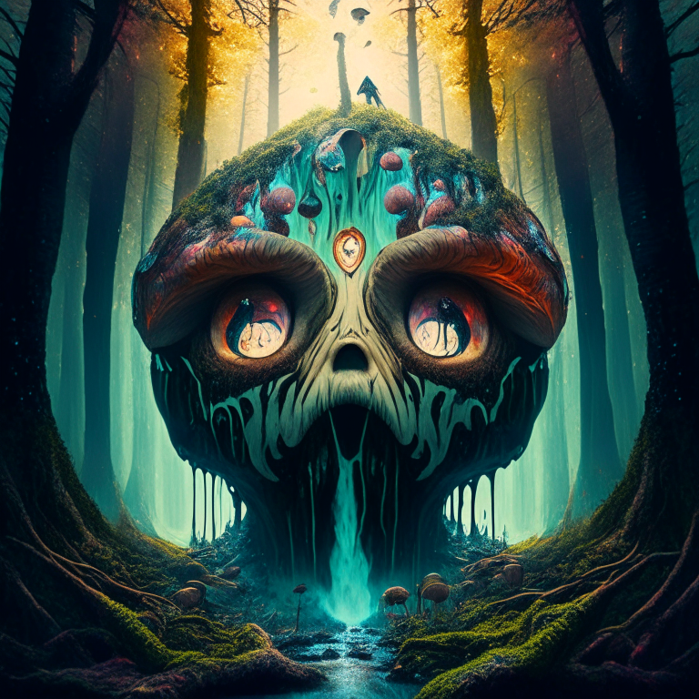 A melting face in a forest with giant mushrooms and fantastical creatures