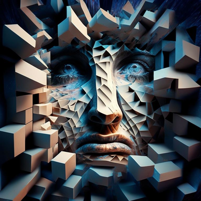 A face fracturing into cubes in a bizarre dreamscape