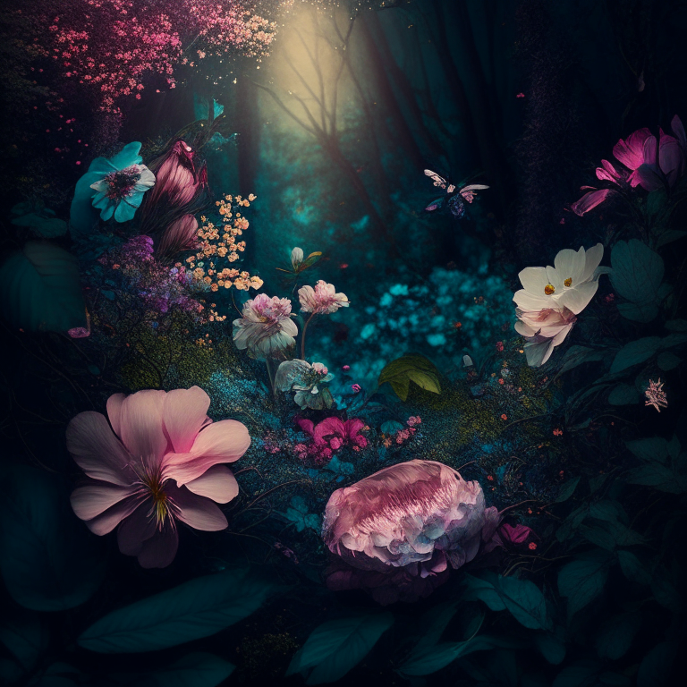 fondo con flores y bosque mágico