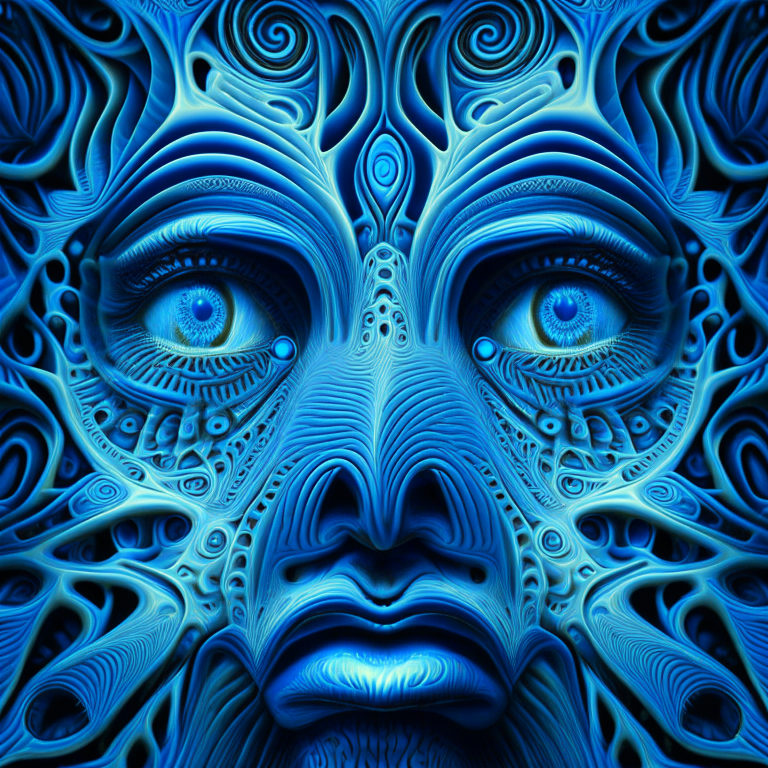 A face emerging from an electric blue fractal pattern