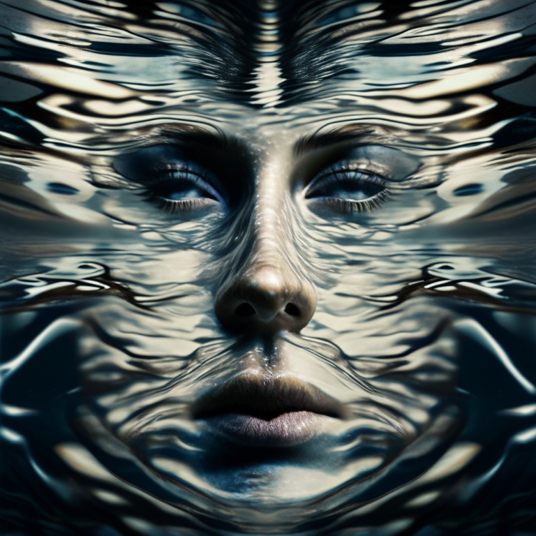 A face reflected and distorted in rippling water