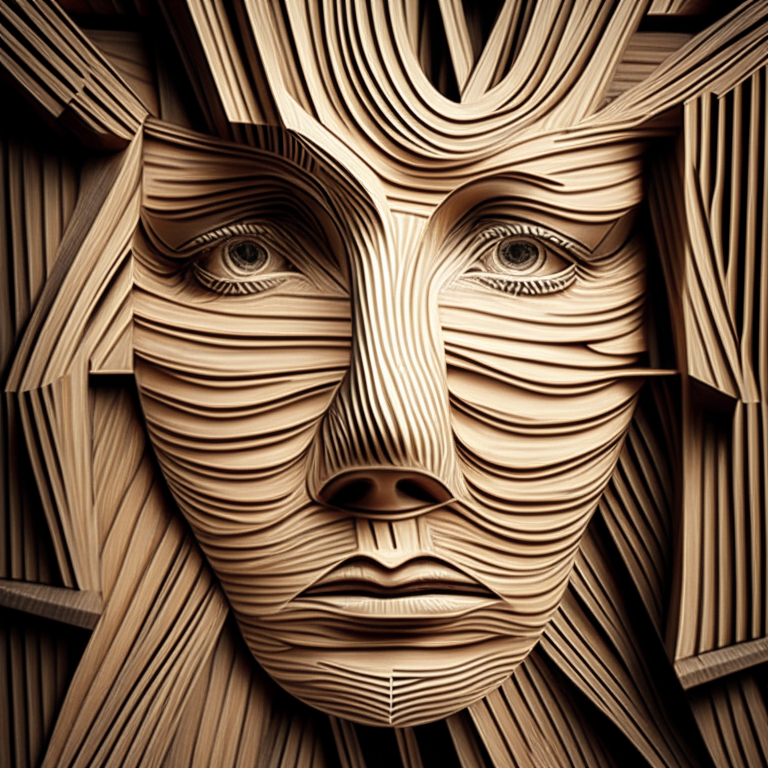 A face trapped within an impossible geometry of wood and lines