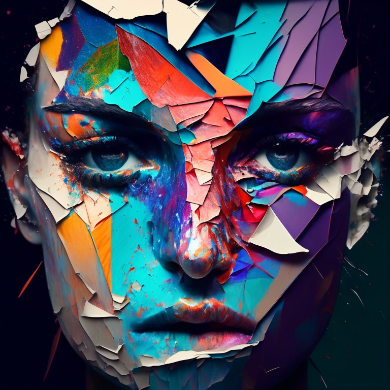 A face fractured into shards of color