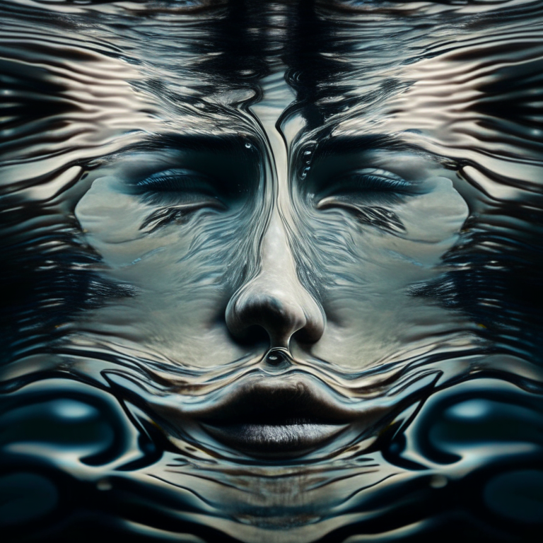 A face reflected in rippling, distorted water