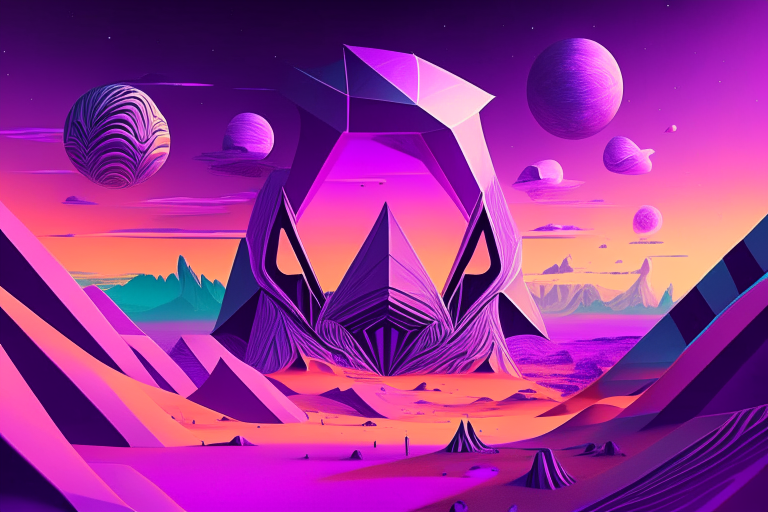 A surreal alien landscape with colorful geometric shapes and patterns under a purple sky