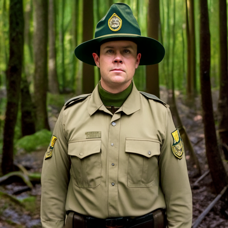 a park ranger standing in a forest, wearing a uniform and hat