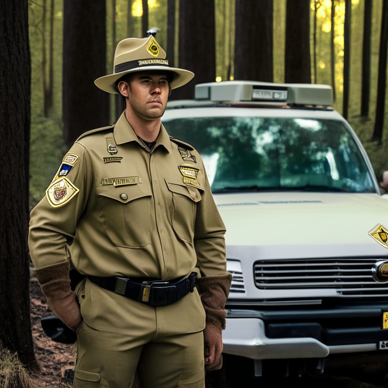 a park ranger standing next to their vehicle in a forest, wearing a uniform and hat