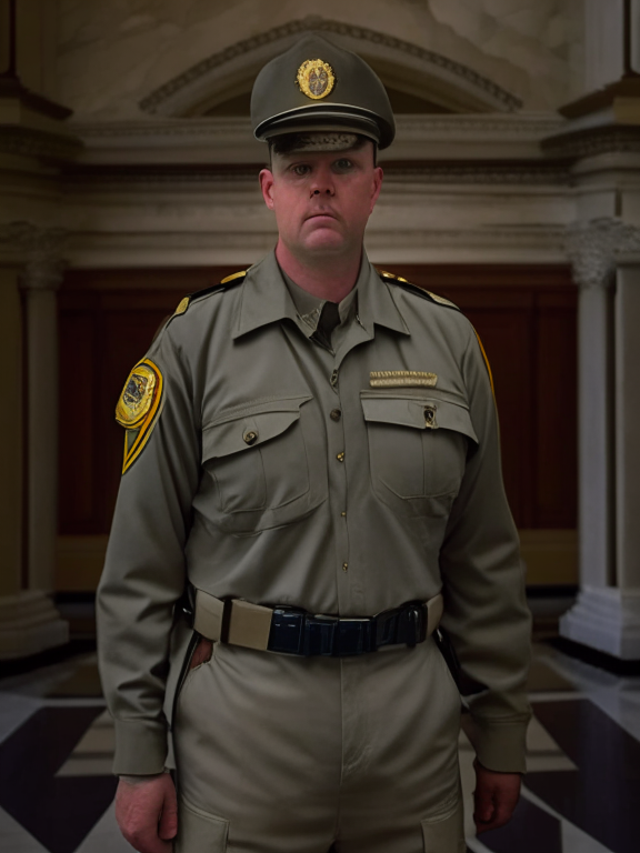 a man wearing a park ranger uniform, standing in front of a marble background