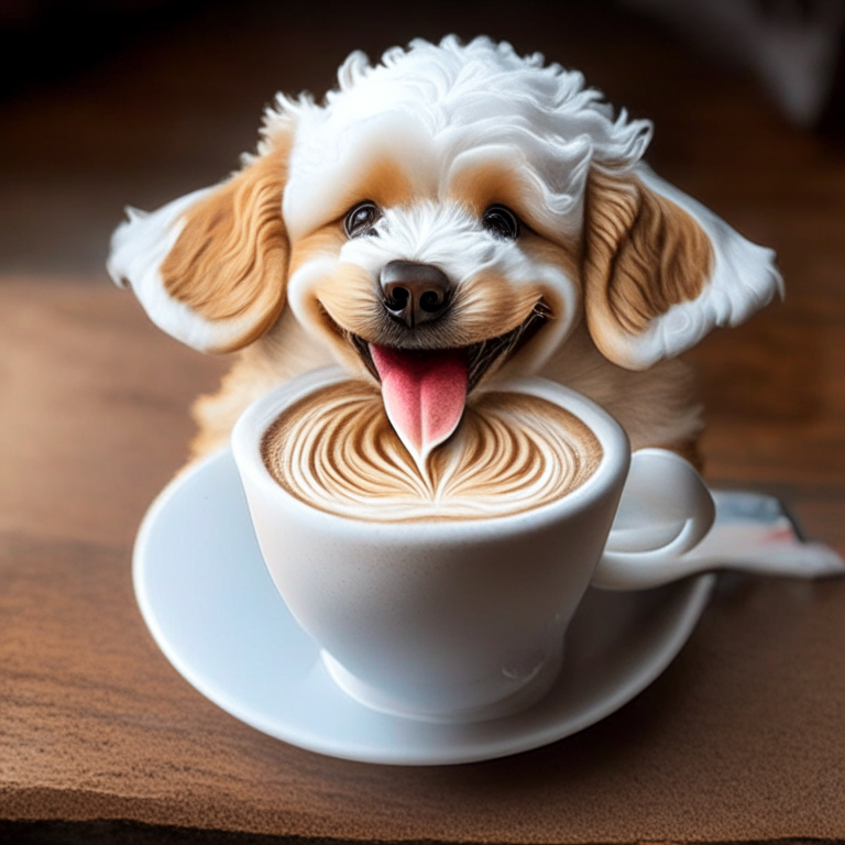 a happy puppy drinking a latte with heart-shaped foam art