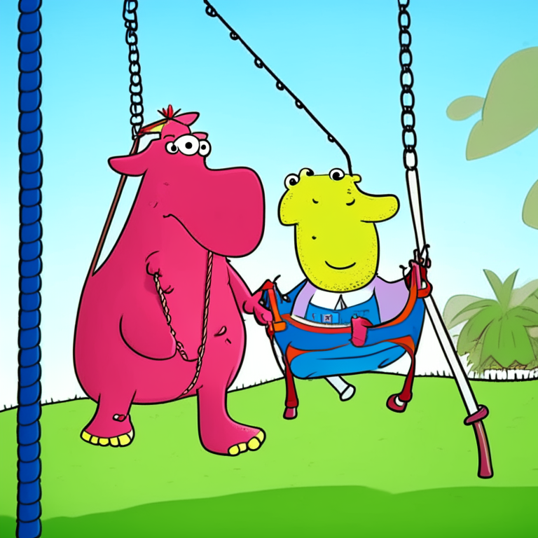george from peppa pig with mr. dinosaur on the swing