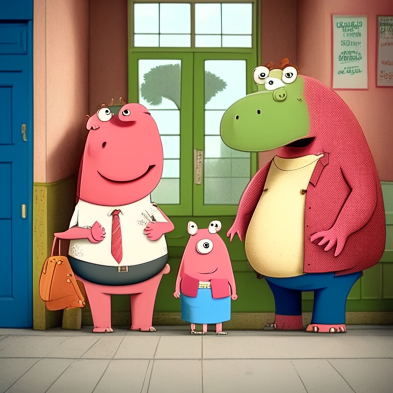 peppa pig , george and his parents at the school to find mr. dinosaur
