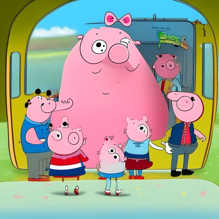 peppa pig , george , peppa s parents , his friens and his teacher boarding in a new adventure
