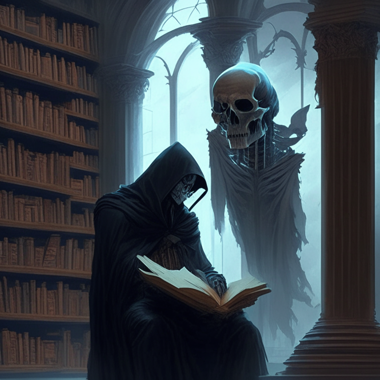 stoic man in a library enjoying a book while the grim reaper looms upon him