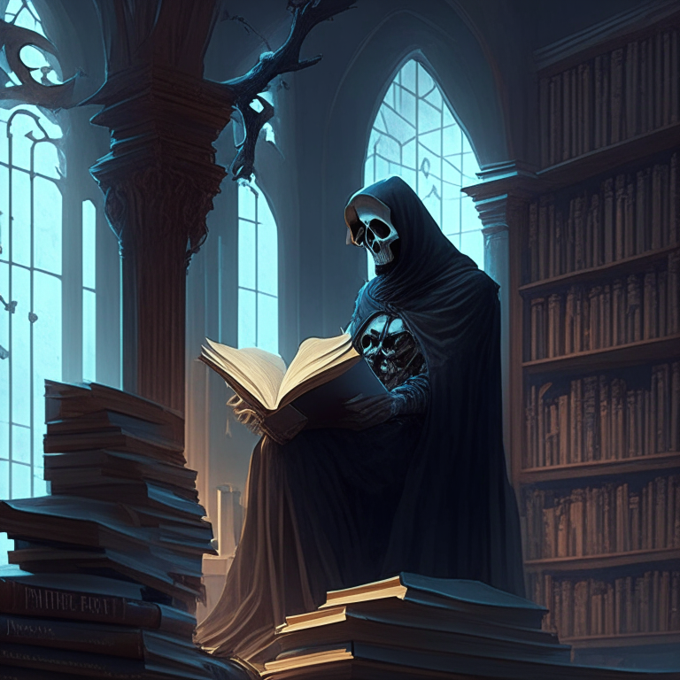 stoic man in a cozy library enjoying a book while the grim reaper looms upon him