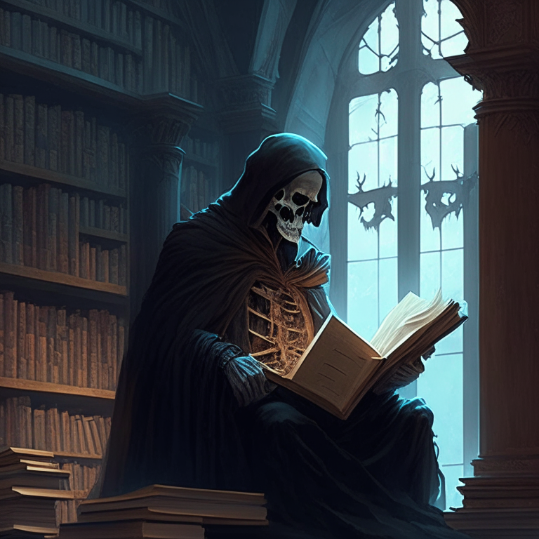 stoic man in a cozy library enjoying a book while the grim reaper looms over his shoulder