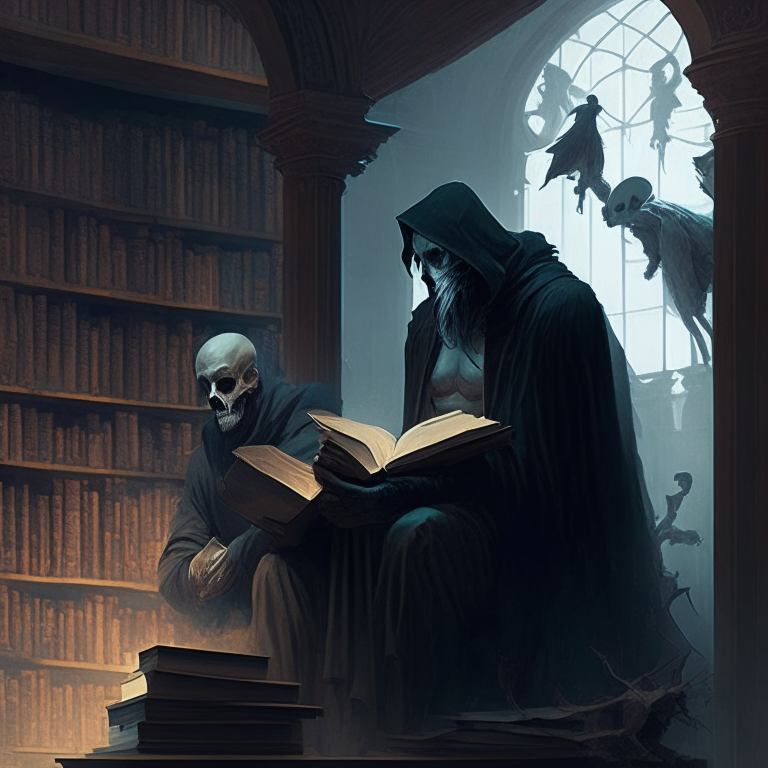 stoic man in a cozy library enjoying a book while another man who is the grim reaper looms over his shoulder