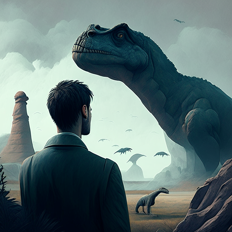 stoic philosopher observing scary 
dinosaurs in the distance