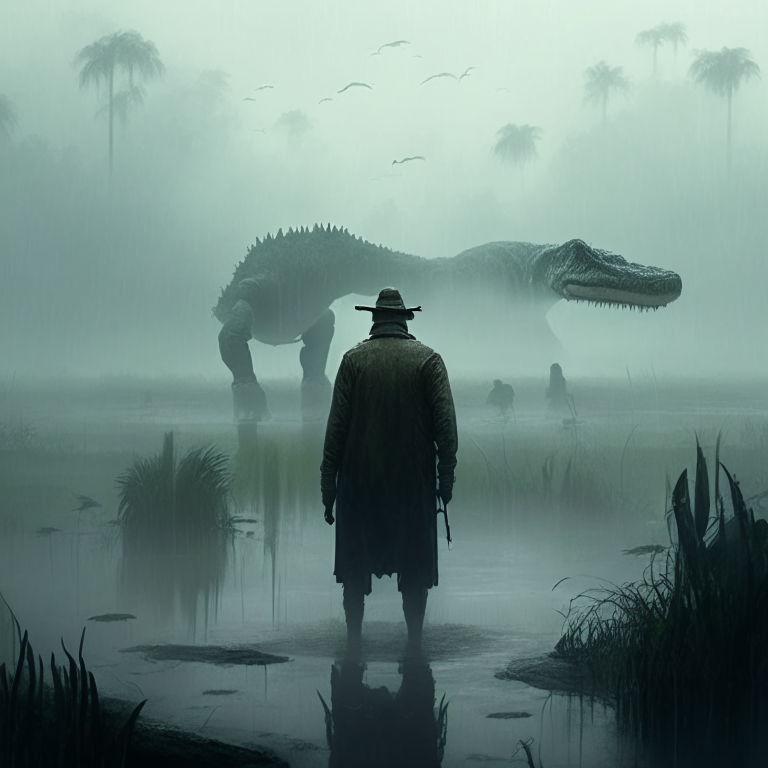 masculine stoic philosopher observing scary dinosaurs and huge crocodiles in the distance of a wet boggy swamp with a heavy fog