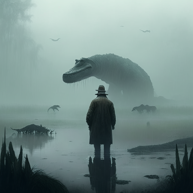 masculine stoic philosopher observing scary dinosaurs and huge crocodiles in the distance of a wet boggy swamp with a heavy fog