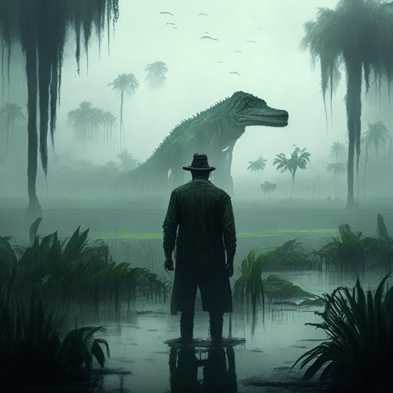 masculine stoic philosopher observing scary dinosaurs and huge crocodiles in the distance of a wet boggy swamp with a heavy fog and mangrove trees