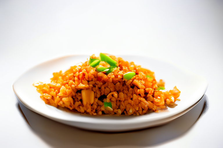 A plate of Khao Pad (Thai Fried Rice) on a white surface, bright clear studio lighting, razor-sharp focus