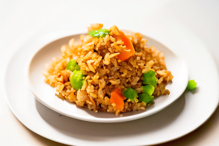 A overhead view of Khao Pad (Thai Fried Rice) on a white plate, bright clear studio lighting, razor-sharp focus