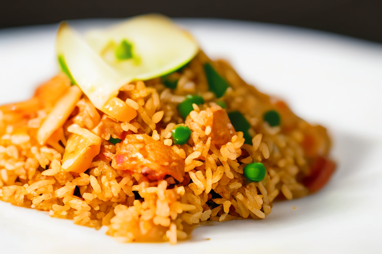 A close up of Khao Pad (Thai Fried Rice) on a white plate, bright clear studio lighting, razor-sharp focus