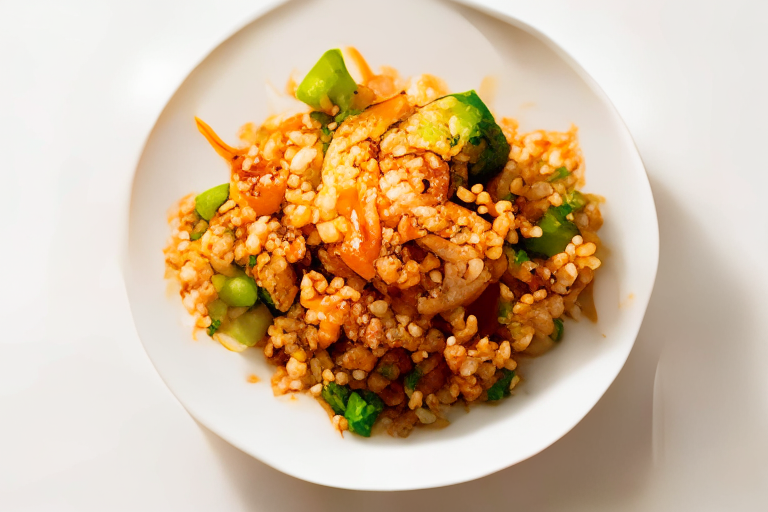 A overhead view of Khao Pad Kung (Thai Shrimp Fried Rice) on a white plate, bright clear studio lighting, razor-sharp focus