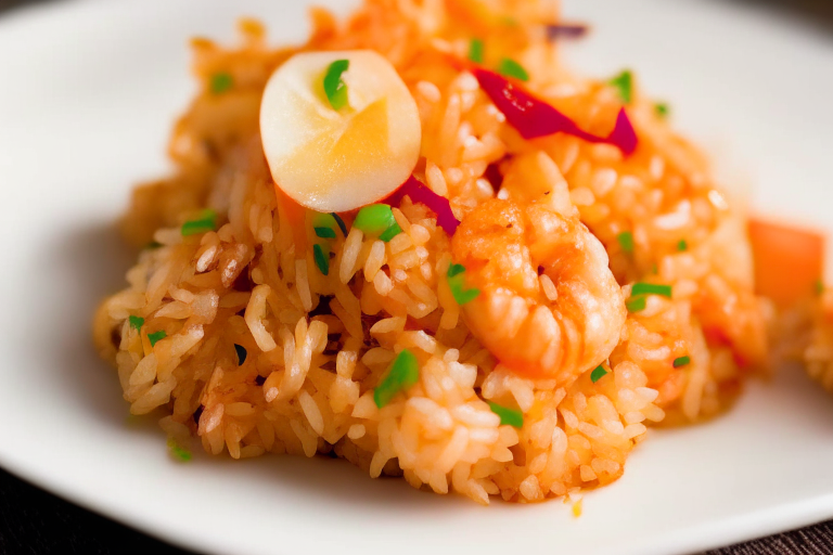 A close up of Khao Pad Kung (Thai Shrimp Fried Rice) on a white plate, bright clear studio lighting, razor-sharp focus