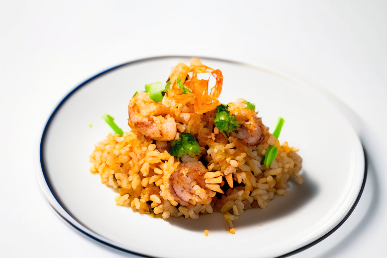 A plate of Khao Pad Kung (Thai Shrimp Fried Rice) with Thai decoration on a white surface, bright clear studio lighting, razor-sharp focus