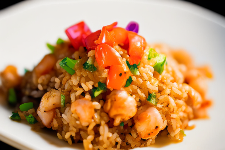 A close up of Khao Pad Kung (Thai Shrimp Fried Rice) with Thai decoration on a white plate, bright clear studio lighting, razor-sharp focus