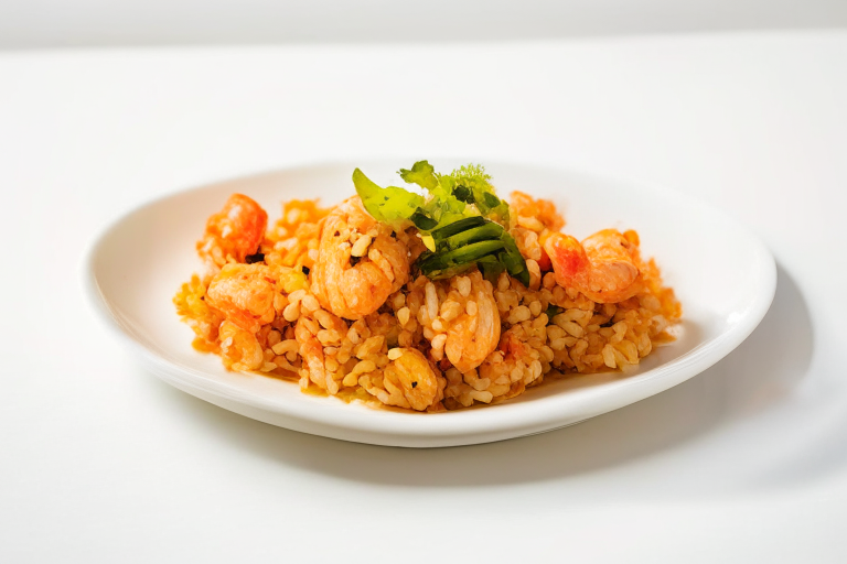 A plate of Khao Pad Kung (Thai Shrimp Fried Rice) with Thai decoration on a white surface, bright clear studio lighting, razor-sharp focus