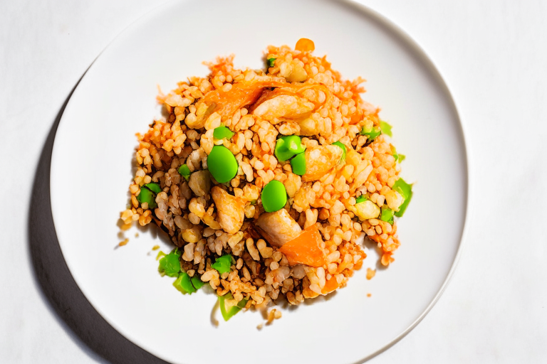 A overhead view of Khao Pad Kung (Thai Shrimp Fried Rice) with Thai decoration on a white plate, bright clear studio lighting, razor-sharp focus