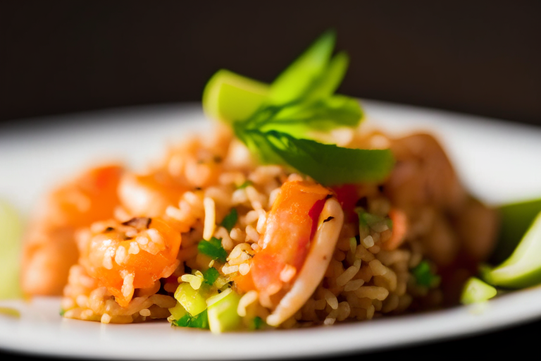 A close up of Khao Pad Kung (Thai Shrimp Fried Rice) with Thai decoration on a white plate, bright clear studio lighting, razor-sharp focus