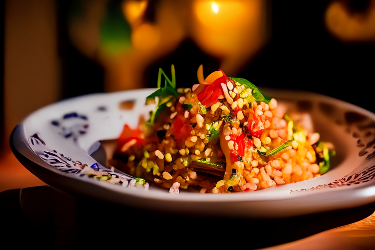 A plate of Khao Pad Kung (Thai Shrimp Fried Rice) decorated with Thai ornaments on a table in a luxurious Thai restaurant, bright studio lighting, razor-sharp focus