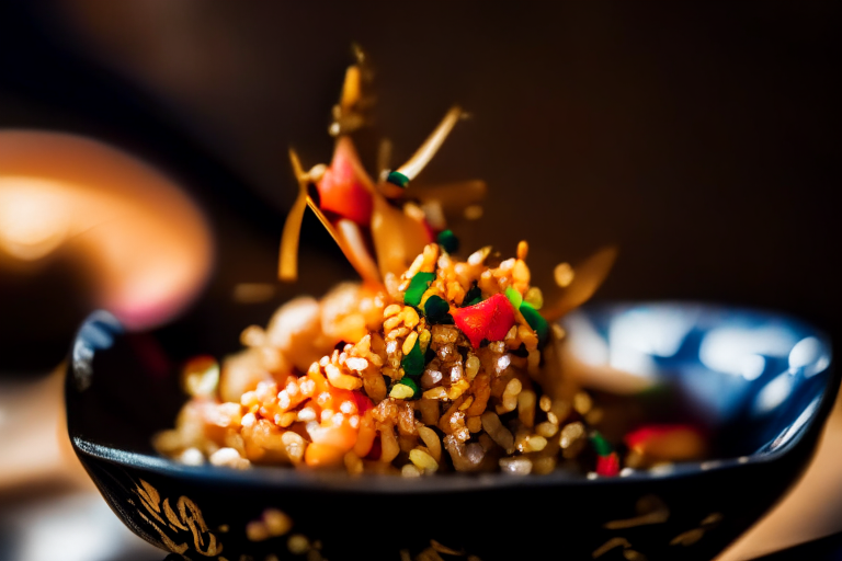 A close up of Khao Pad Kung (Thai Shrimp Fried Rice) decorated with Thai ornaments, chopsticks and a spoon on a table in a luxurious Thai restaurant, bright studio lighting, razor-sharp focus