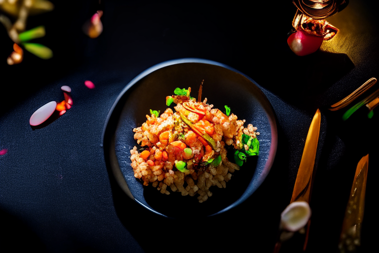 An overhead view of Khao Pad Kung (Thai Shrimp Fried Rice) decorated with Thai ornaments, chopsticks and a spoon on a table in a luxurious Thai restaurant, bright studio lighting, razor-sharp focus