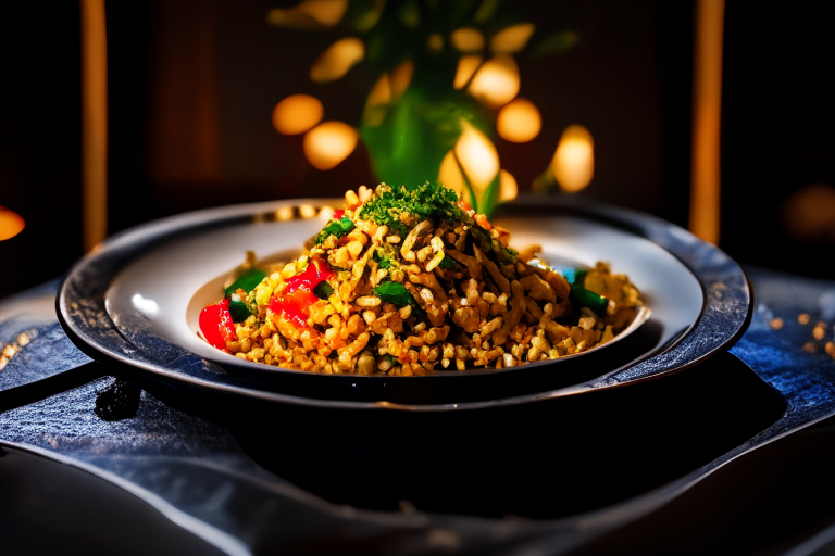 A plate of Khao Pad (Thai Fried Rice) decorated with Thai ornaments on a table in a luxurious Thai restaurant, bright studio lighting, razor-sharp focus