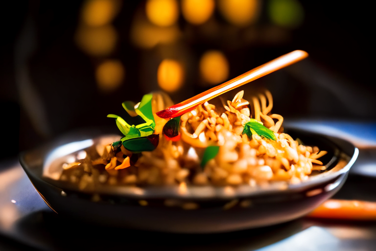 A close up of Khao Pad (Thai Fried Rice) decorated with Thai ornaments, chopsticks and a spoon on a table in a luxurious Thai restaurant, bright studio lighting, razor-sharp focus