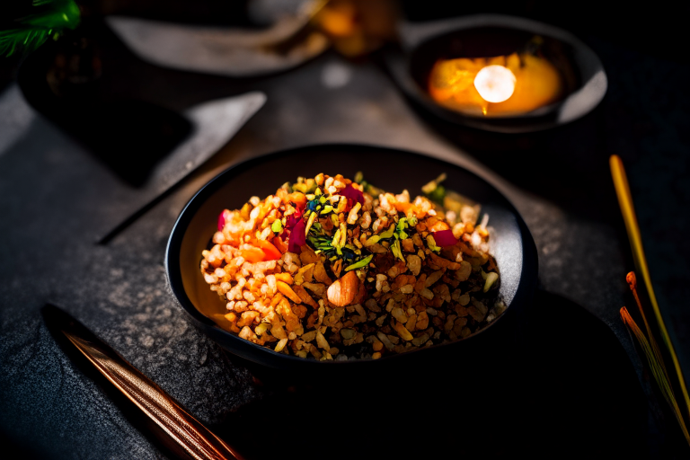 An overhead view of Khao Pad (Thai Fried Rice) decorated with Thai ornaments, chopsticks and a spoon on a table in a luxurious Thai restaurant, bright studio lighting, razor-sharp focus