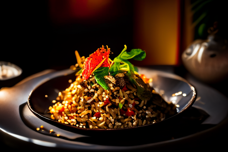 A plate of Khao Pad Prik (Thai Spicy Basil Fried Rice) decorated with Thai ornaments on a table in a luxurious Thai restaurant, bright studio lighting, razor-sharp focus