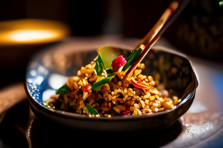 A close up of Khao Pad Prik (Thai Spicy Basil Fried Rice) decorated with Thai ornaments, chopsticks and a spoon on a table in a luxurious Thai restaurant, bright studio lighting, razor-sharp focus